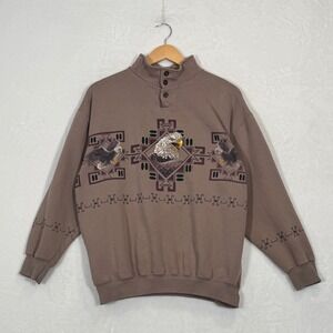 Vintage Habitat Brown Eagle Graphic Quarter Button Pullover Sweatshirt Large